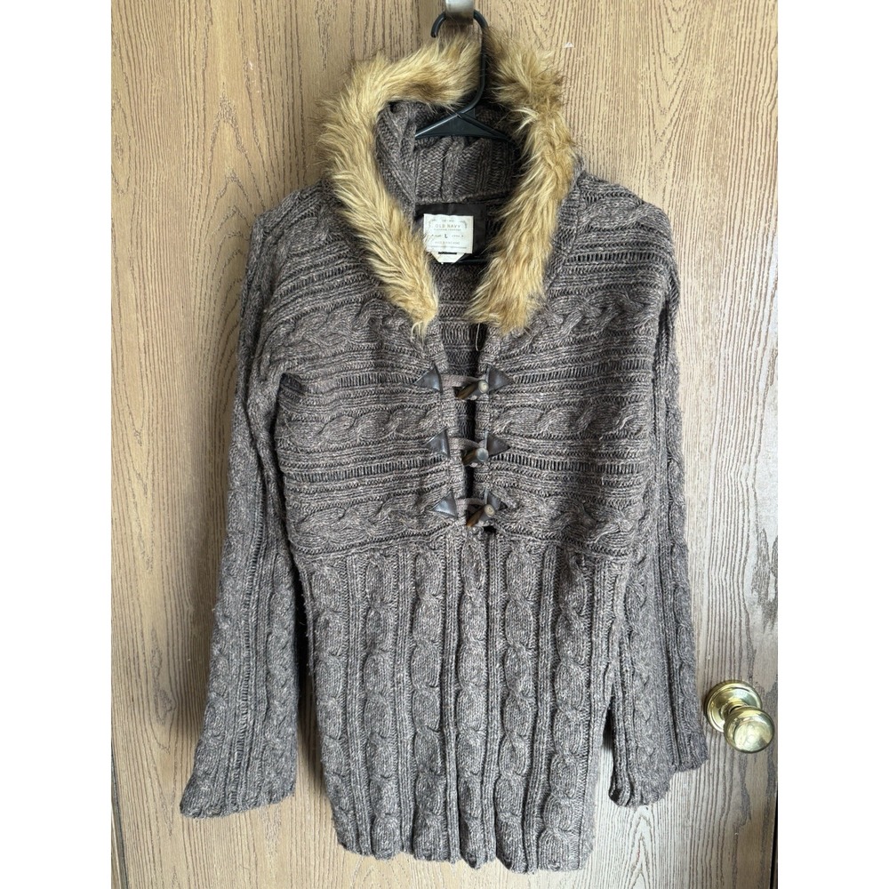 Y2K Vintage Old Navy Hooded Cable Knit Toggle Cardigan Sweater Coat Faux Fur L